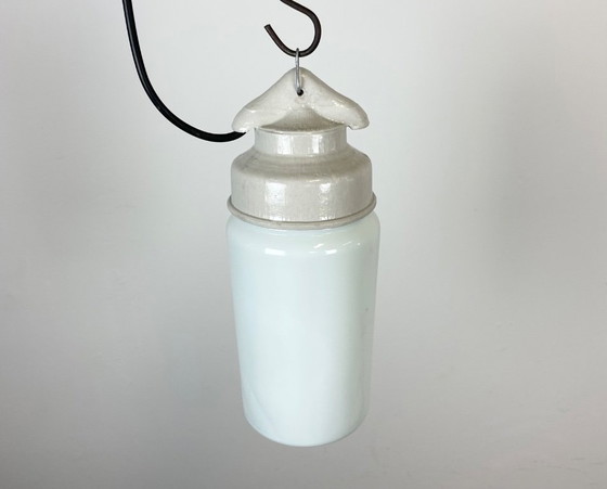 Image 1 of Industrial White Porcelain Pendant Light with Milk Glass, 1970s