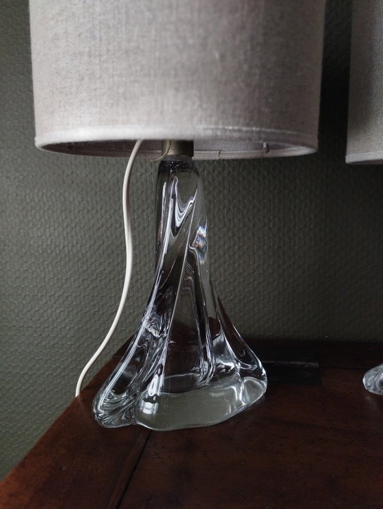 Image 1 of Pair of table lamps - 1950s style twisted clear glass bases - Hemp cylindrical lampshades
