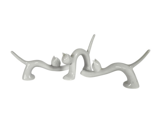 Image 1 of Vintage -  Naaman Porseleinfabriek - Israël  -  Wit -  Gegoten Porselein  - Stretching cats (3) - Sculptuur -  Beeldje