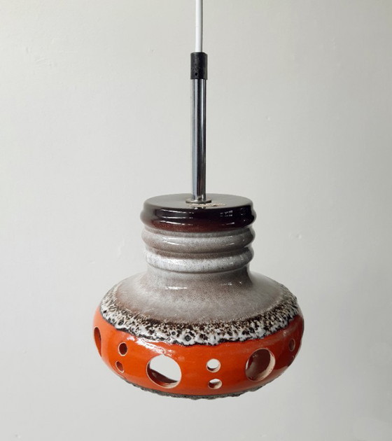 Image 1 of Keramieken aardewerken vintage hanglamp van Herda, west germany fat lava stijl, keramische retro, oranje hanglamp