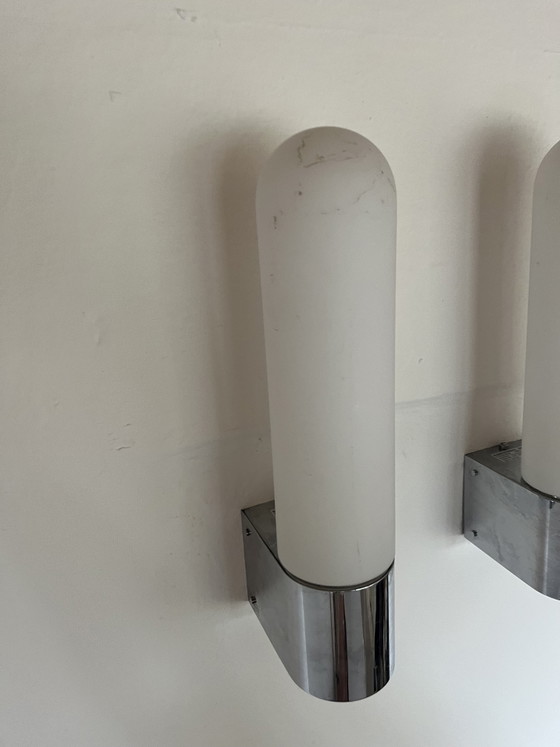 Image 1 of 4x Original "Glashütte Limburg 1970s" wall light opal glass chrome Germany!!