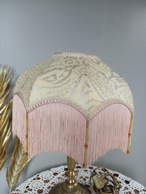 Bronze Living Room Lamp, Art Nouveau Style, Fabric and Fringe Dome Lampshade