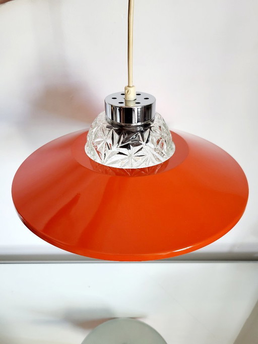 Vintage ufo pendant lamp orange metal, glass shade, Chrome finish, 1950s