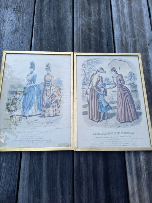 Conjunto de 2 grabados antiguos franceses de moda (siglo XIX)