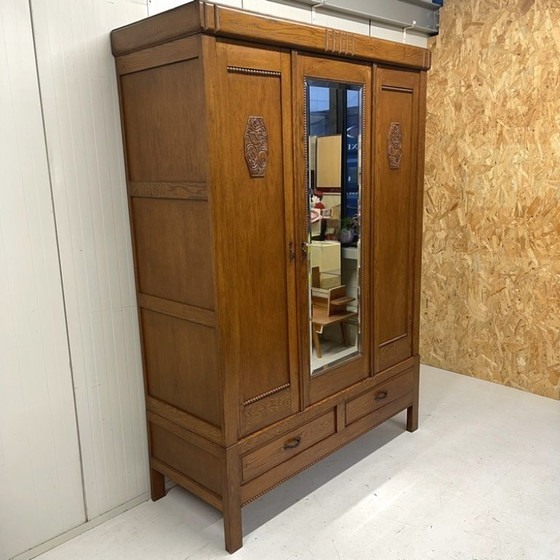 Image 1 of Antique mirror cabinet storage cabinet 1920s linen cupboard oak