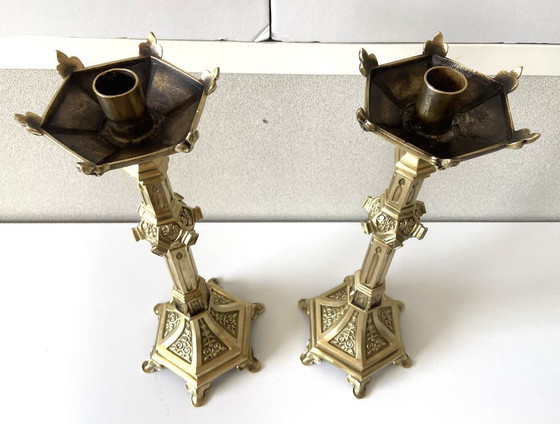 Image 1 of Pair of Antique Neo-Gothic Gilt Bronze Candlesticks