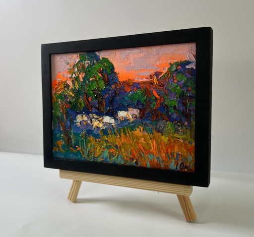 Original Oil Painting Summer Sunset Landscape Forest Evening