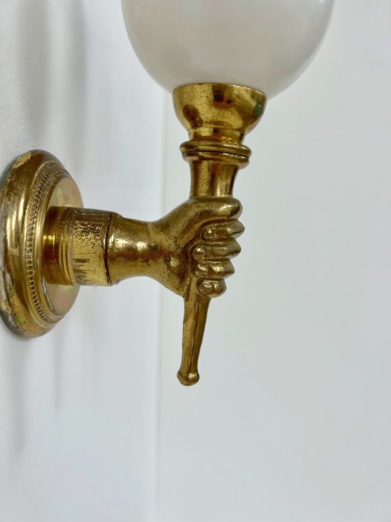 Image 1 of Pair of vintage wall lights, Maison Jansen, patinated solid brass and opaline glass, France, 1960