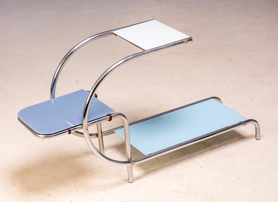Image 1 of Bauhaus Tubular Steel Flower Stand by Emile Guyot for Thonet, Colored Glass Shelves, 1950s, Czechoslovakia, 79 × 30 x 105 cm