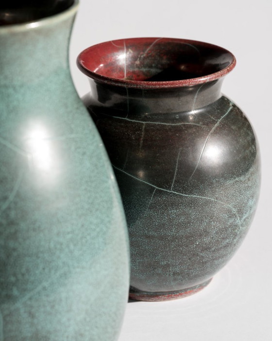 Image 1 of Pair of Richard Uhlemeyer Studio Stoneware Vases – Turquoise Reduction Glaze – Germany, ca. 1940s-1950s Art Deco Bauhaus