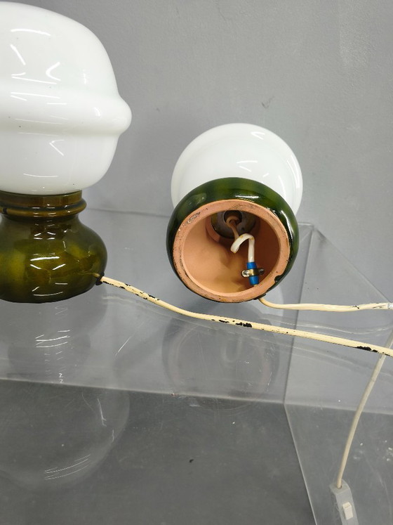 Image 1 of Pair Czech 1970s Milk Glass and Green Ceramic Table Lamps