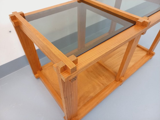 Image 1 of Vintage rectangular coffee table in pine and smoked glass from the 70s and 80s