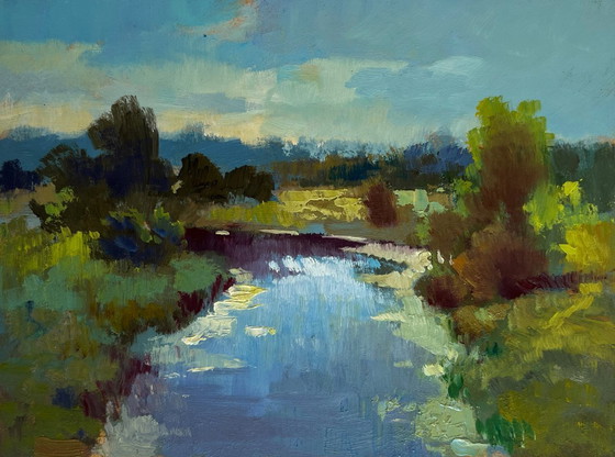 Image 1 of Original Oil Painting Summer River Landscape Sunset clouds over the river