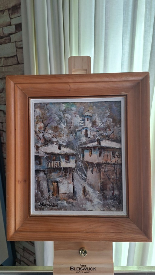  A. Koyarova (1996) – Winters dorpsgezicht Bozhentsi – Olieverf op linnen