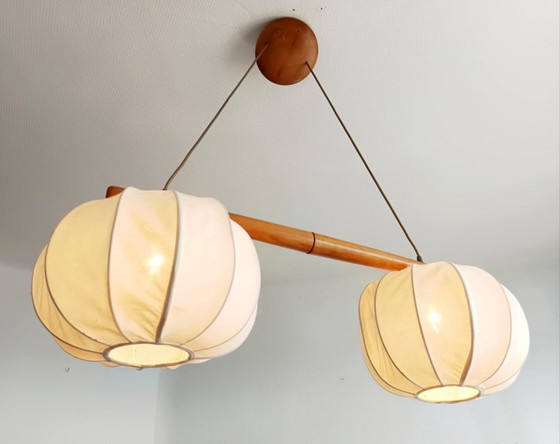 Image 1 of Vintage Scandinavische hanglamp, hout en stof