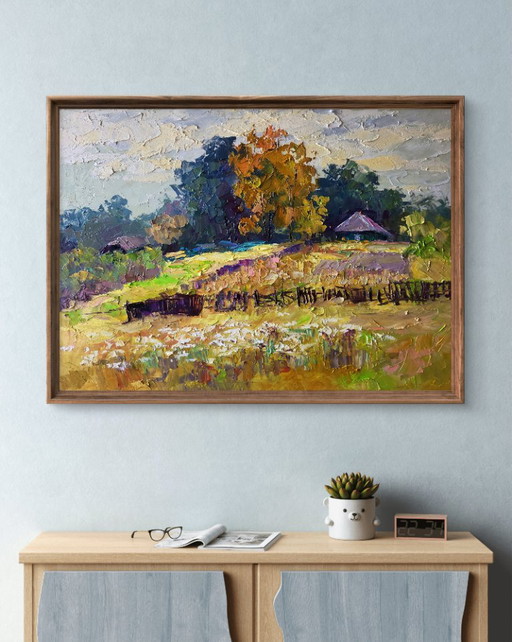 Origineel olieverfschilderij: Landelijk landschap met herfstbloemen in de tuin.