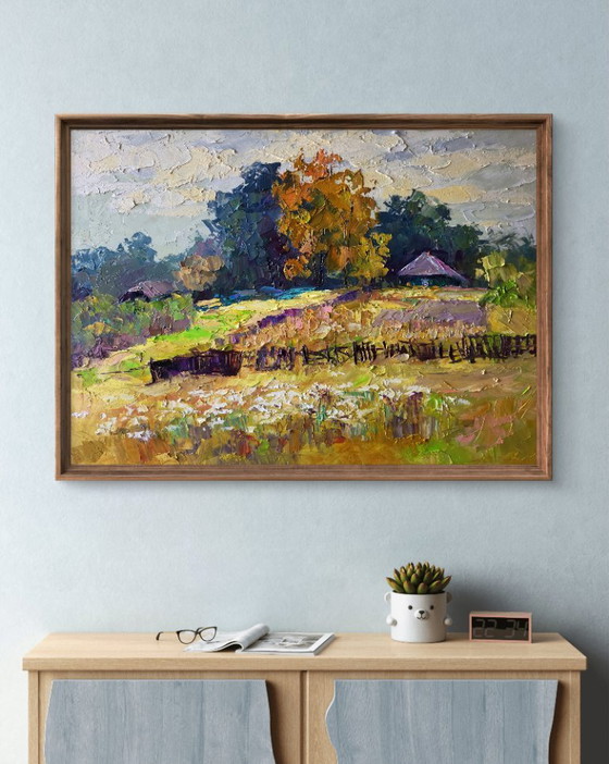 Image 1 of Origineel olieverfschilderij: Landelijk landschap met herfstbloemen in de tuin.
