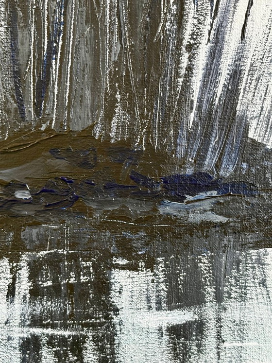 Image 1 of Large, serene landscape with mist, water, and reeds | title: 1103 | 80 x 80 cm