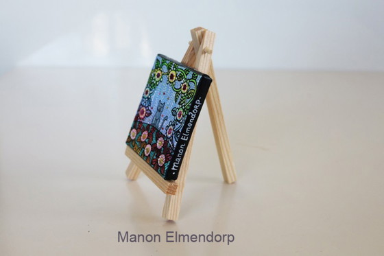 Image 1 of Uniek Handgeschilderd Schilderijtje incl Ezeltje Grijze Kat