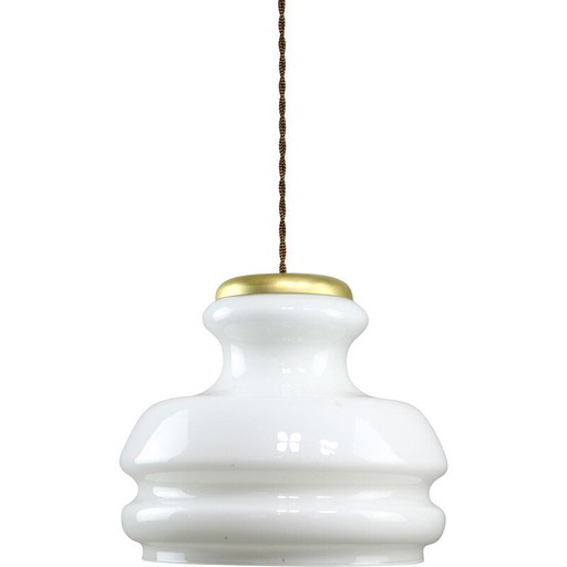 Lampe suspendue vintage en laiton et verre opalin, Italie 1950
