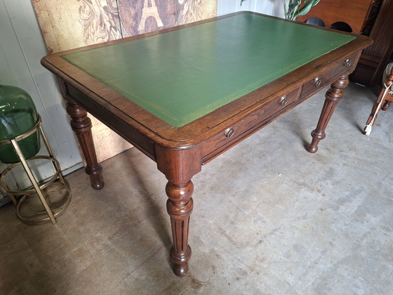 Image 1 of Antique 2-sided writing table, partners desk with leather inlay (restored) dimensions 127x86cm and 76cm high.
