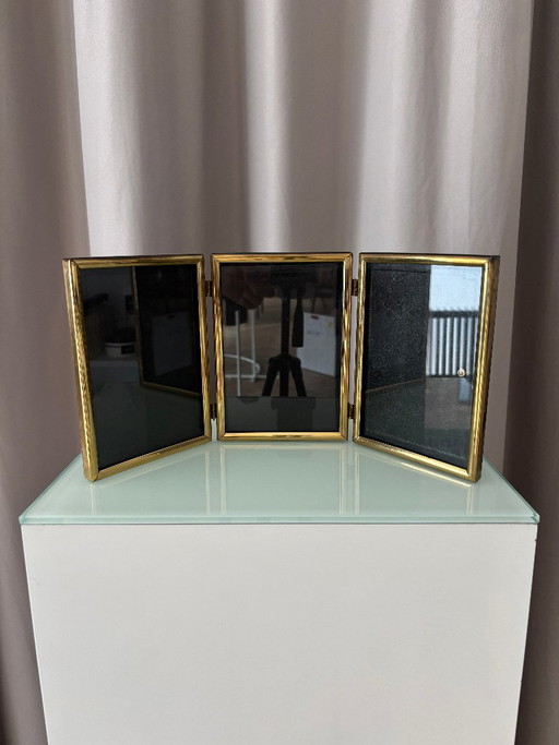 Cornice portafoto tripla pieghevole vintage – metallo color oro – autoportante o a parete