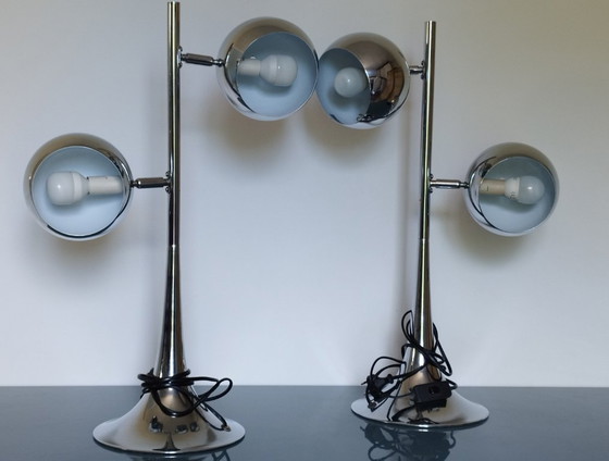 Image 1 of RARE - Pair of vintage design chrome Eye Ball lamps - Tulip base - Adjustable globes