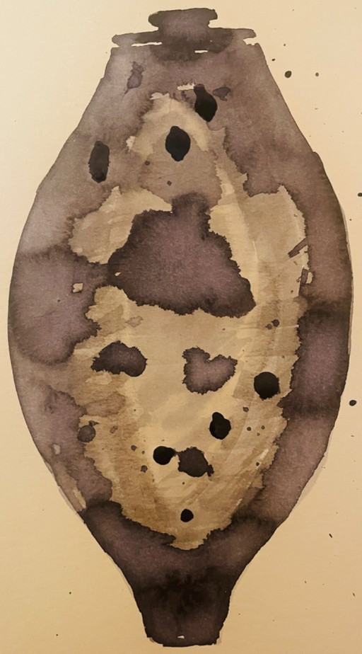 Tableau signé aquarelle et encre Vase Wabi Sabi Essaouira