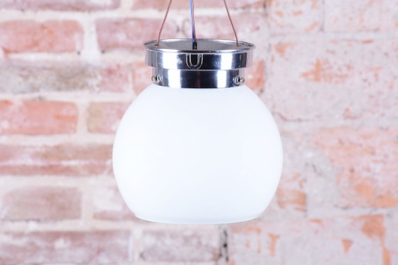 Restored Bauhaus Ceiling Lamp, Chrome-Plated Steel, Opal Glass, Czech, 1930s, Lighting, Silver (photo 4 of 5)