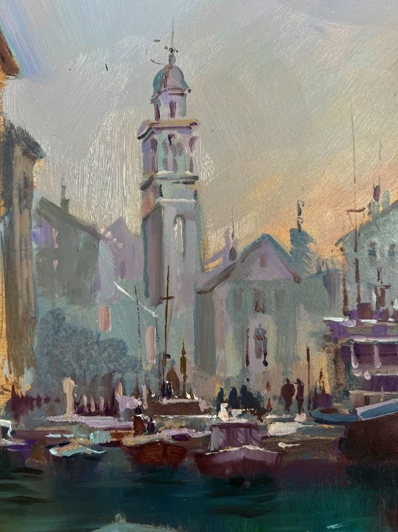 Image 1 of Original Oil Painting Coastal City Landscape Walking tour of the Venetian city