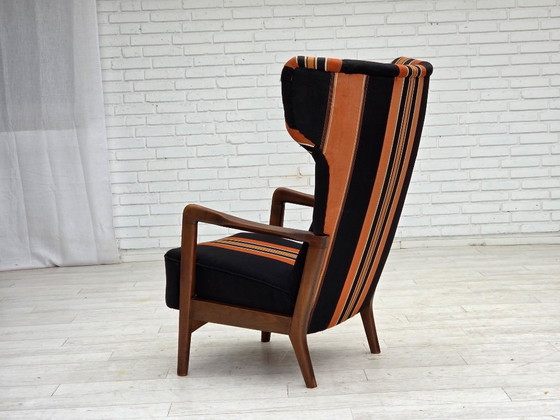 Image 1 of Anni '60, poltrona danese con schienale alto di Fritz Hansen, lana per mobili, legno di faggio.