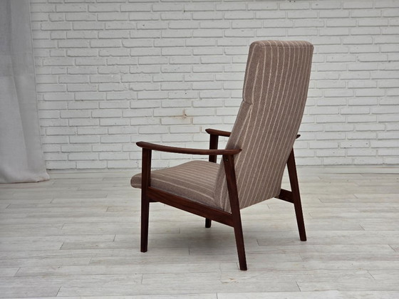 Image 1 of Poltrona danese con schienale alto, anni '70, lana per mobili, legno di teak, originale.