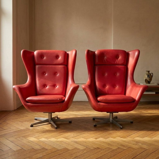 Pair of High-Back Swivel Lounge Chairs Scandinavian Modern Leather & Aluminum by UP Závody Rousínov 1960s Czechoslovakia