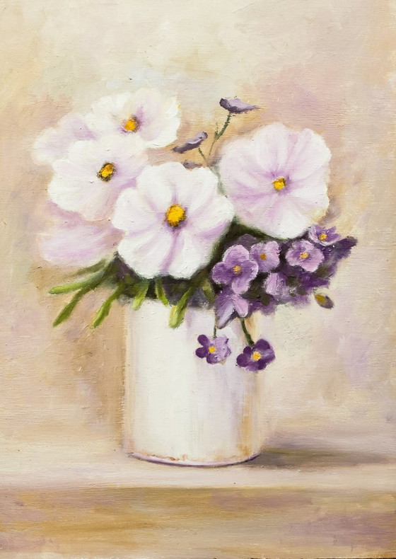 Image 1 of Cuadro original con flores pintadas a mano sobre tabla al óleo firmado por el autor. Obra única.