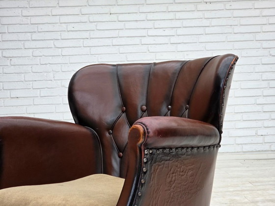 Image 1 of 1930s, Danish armchair, brown furniture leather, velour.