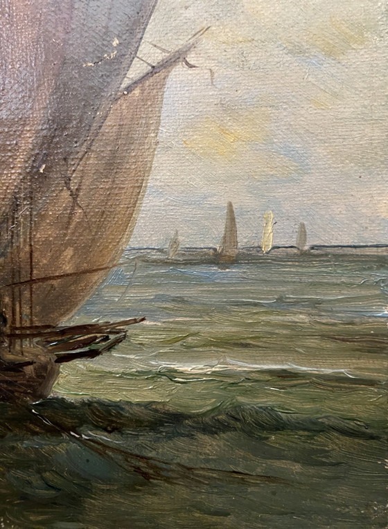Antiek Frans olieverfschilderij met zeegezicht van Aiveill, begin 20e eeuw. – Schilderijen & Tekeningen (photo 4 of 8)