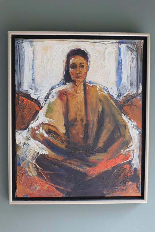 Peinture - Nico Vrielink - "Jeane assise enveloppée dans un tissu"