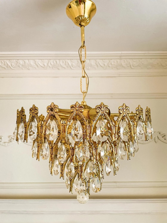 Lampadario Vintage Spagnolo in Ottone e Cristallo, Grandi Gocce, 3 Luci, Anni '70 – Glass, Brass (photo 3 of 9)