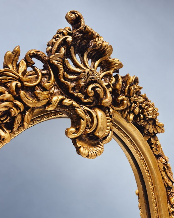 Large Golden Full-Length Mirror with Ornate Crest – Green Square, Wood, Vintage (photo 5 of 8)
