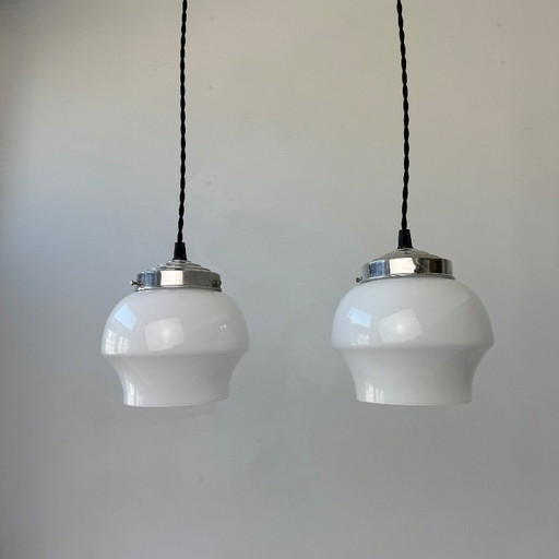 PAIR OF SMALL VINTAGE OPALINE PENDANT LIGHTS 15 CM