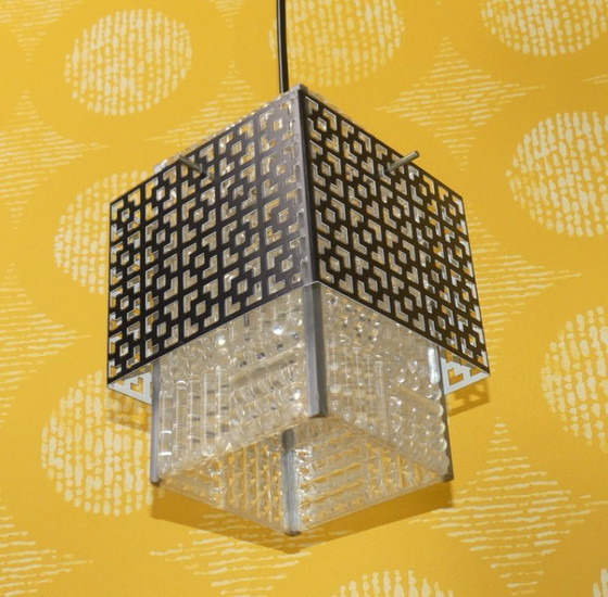 Image 1 of Delicate 1960s/70s pendant lamp, hallway light, grid cube design, black metal pendant light, kitchen lamp