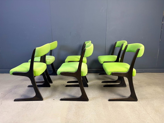 Juego de 6 sillas Canguro de Emile Baumann, década de 1960. – Sillas de comedor, Textile, Wood (photo 6 of 10)