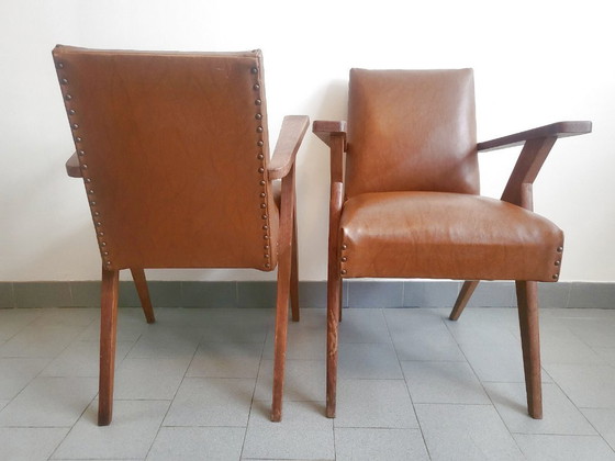 Image 1 of PAIR OF VINTAGE 1950 BRIDGE ARMCHAIRS WITH COMPASS LEGS IN OAK & HAVANA FAUX LEATHER