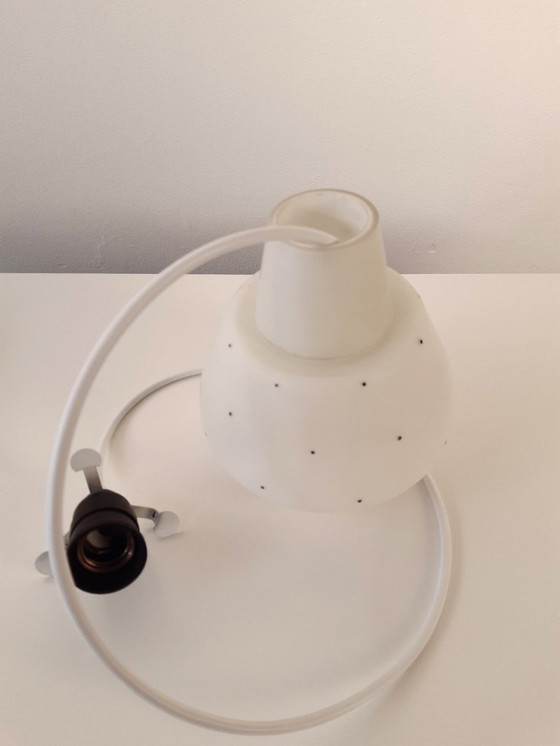 Image 1 of Vintage milk glass UFO-shaped pendant lamp with metal saucer, mcm lamp