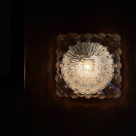 Image 1 of Antieke glazen wandlamp, vintage vierkante plafondlamp, 22 cm, ambergoudkleurig