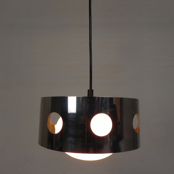 Image 1 of Vintage Hanglamp Met Chromen Cilinder En Glazen Bol