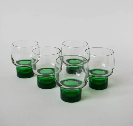 Set Of 5 Unique Luminarc Wine Glasses With Green Foot