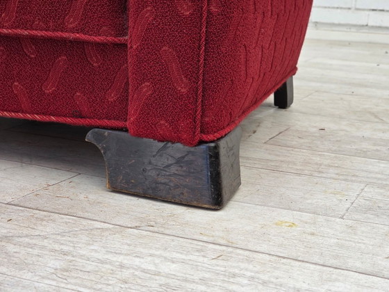 Image 1 of Fauteuil relax danois des années 1950, laine rouge pour meubles, bois de chêne.