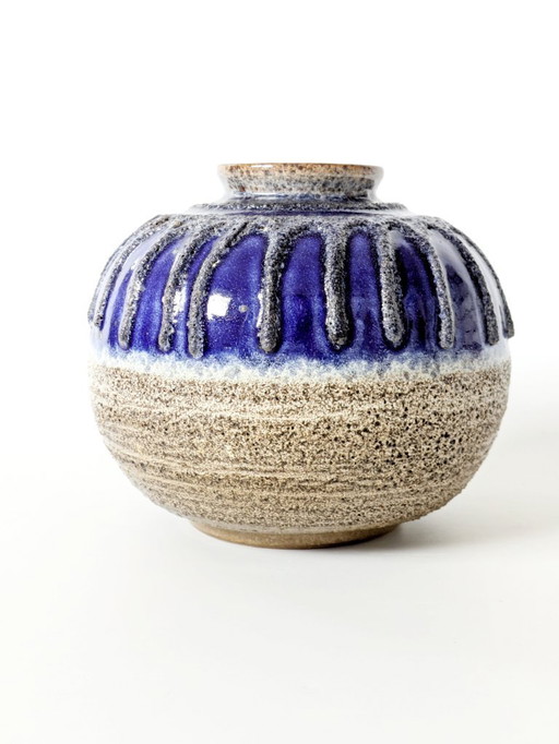 Midcentury Strehla Ceramic Vase | 1960's East German Pottery | Blue Fat Lava Drip Glaze