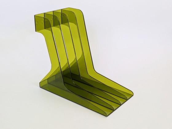 Image 1 of Vintage olijfgroen plexiglas LP-vinylrek in space age-stijl uit de jaren 70, met 4 vakken.